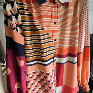 Tory Burch Multicolor Coral, Navy & Mustard Geometric Button-Down Shirt